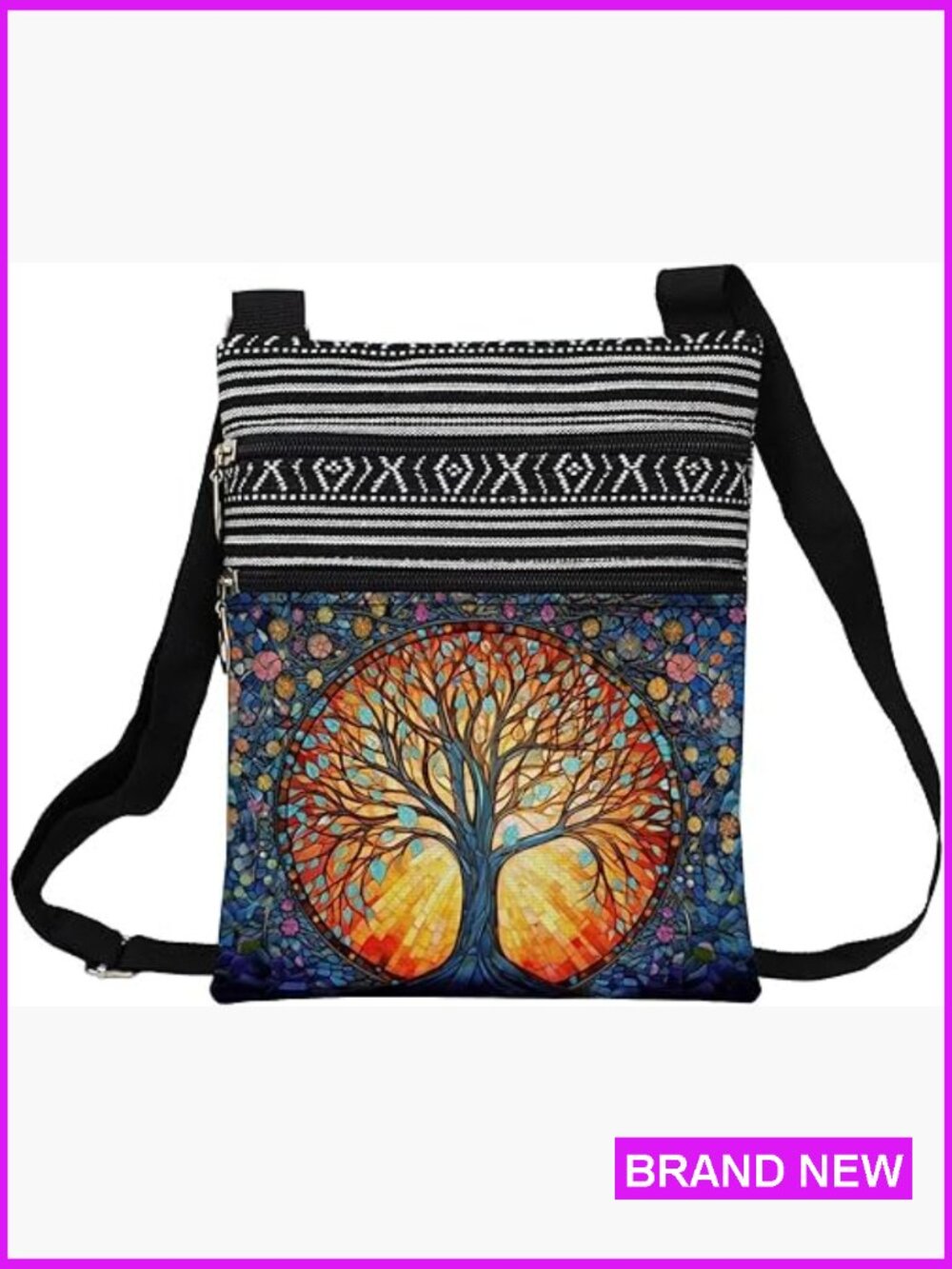 Crossbody Bag with Zipper Stained Glass Print World Tree Aesthetic Handbag for